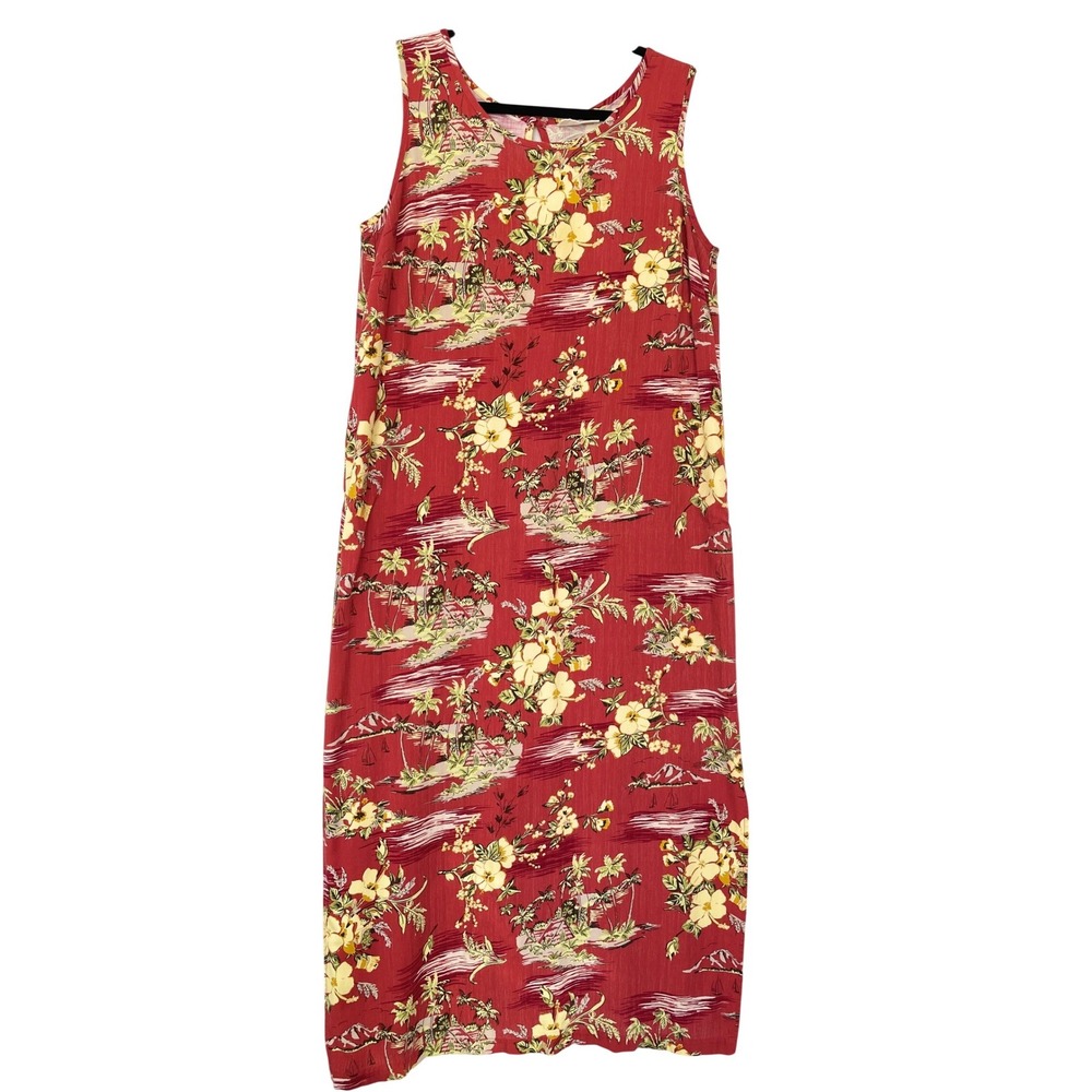 Marsh Landing Maxi Dress Womens Large Red Tropical Floral Sleeveless Side Slit
